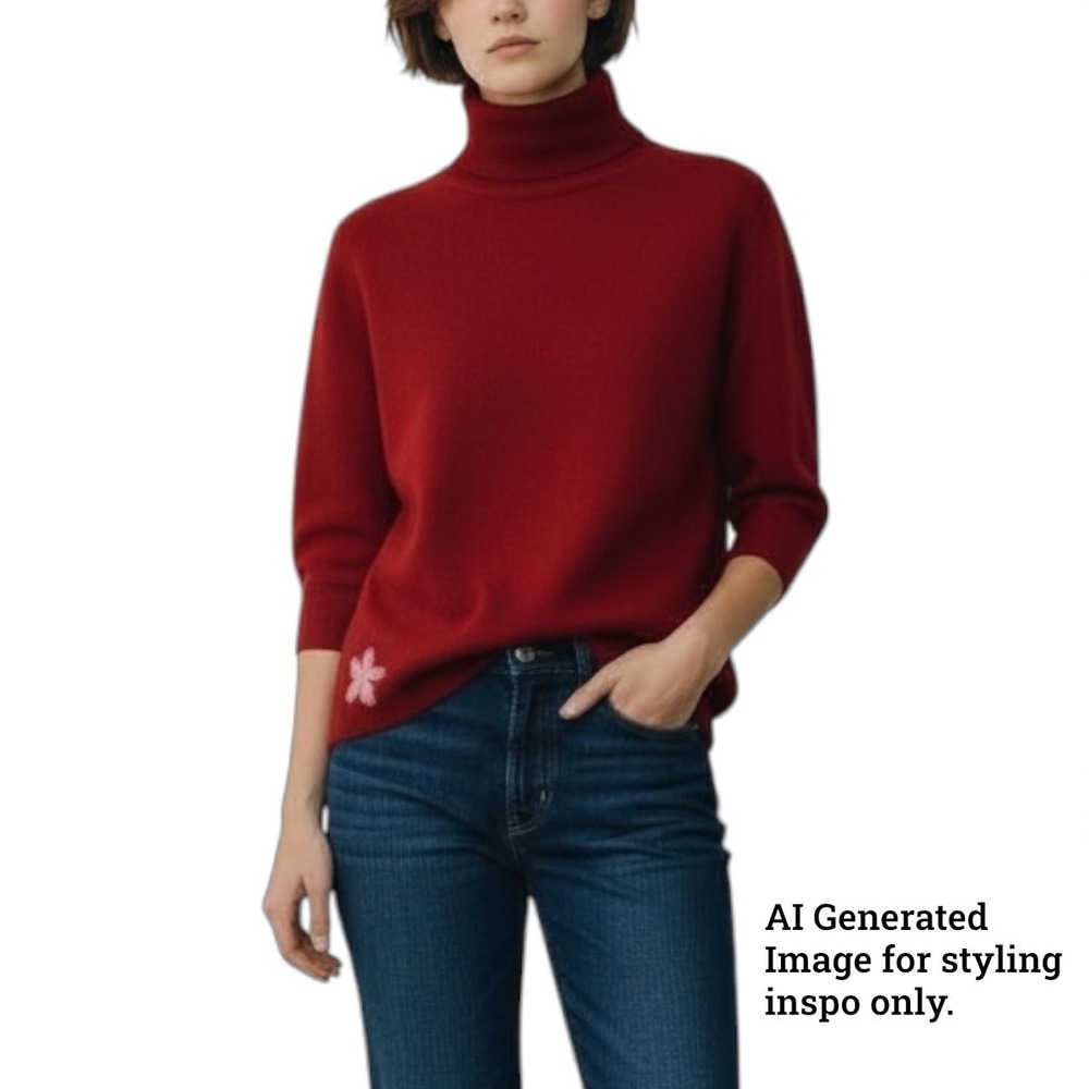 Max Mara Weekend Wm Small Red Turtleneck Sweater Short Sleeve Embroidered Flower